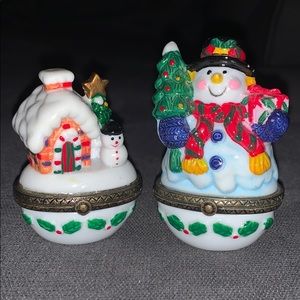 Vintage Set of 2 Snowman Ceramic Hinged Boxes